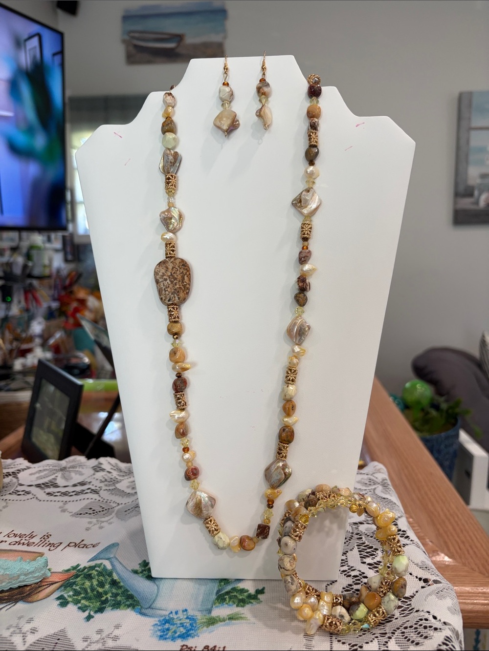 Neutral Tones Beaded Necklace & Earring Set - Beige Brown with Gold Accents